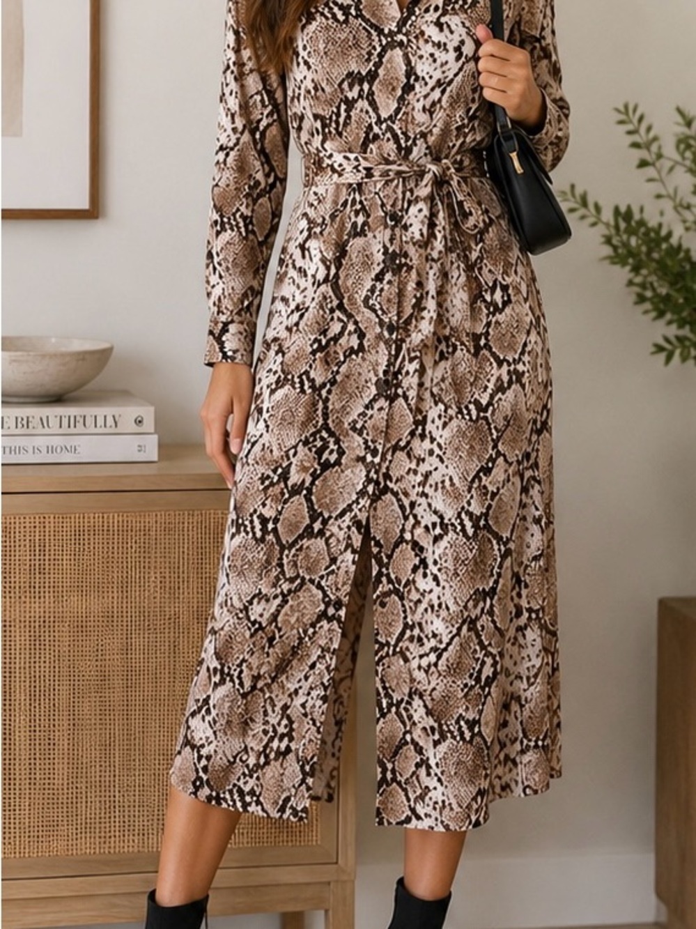 Davi & Dani Brown, Cream and Black Snake-Print Midi Dress